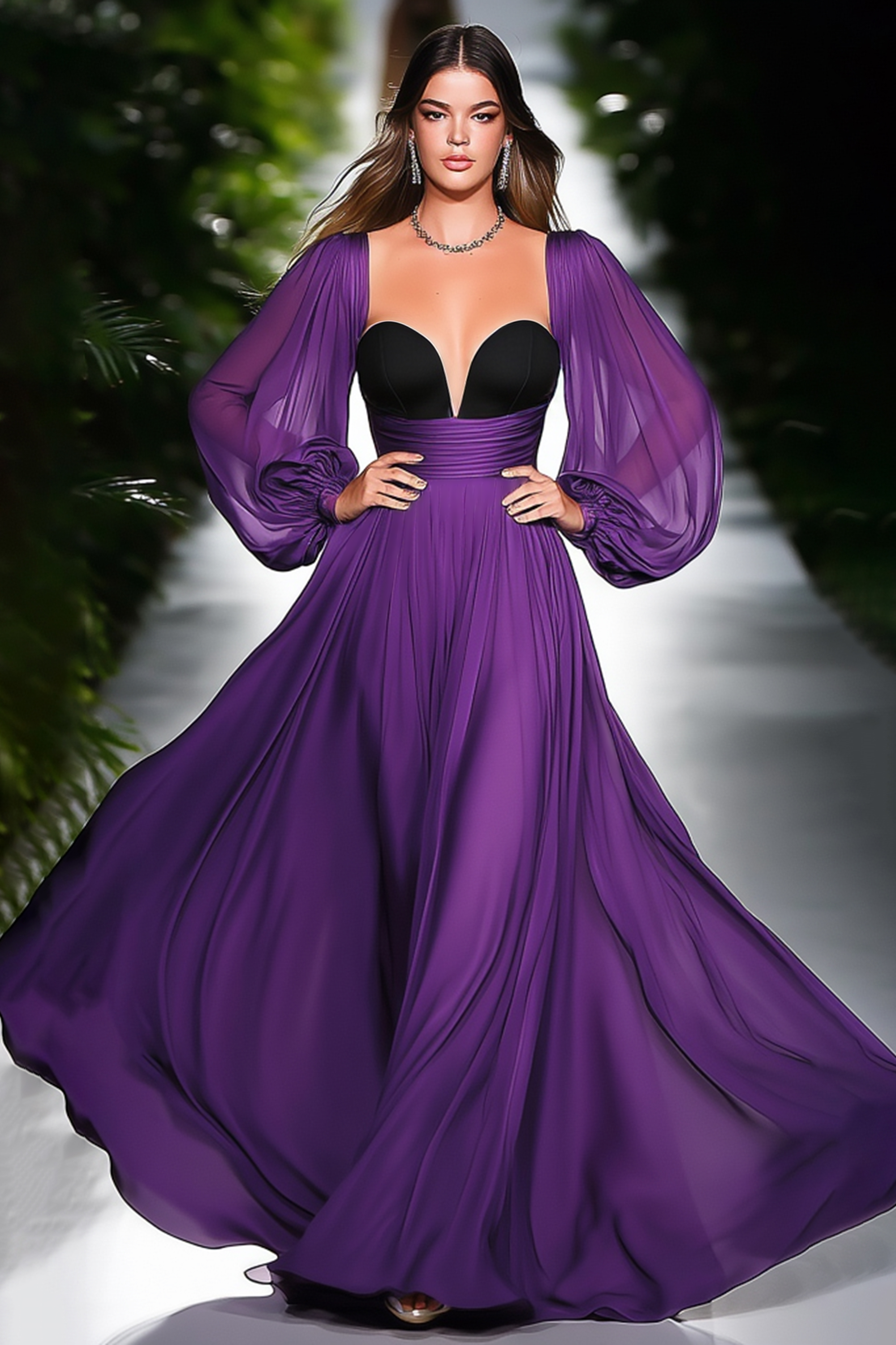 Formal ​Evening Dress Purple Square Neck Maxi Long Sleeve Dress