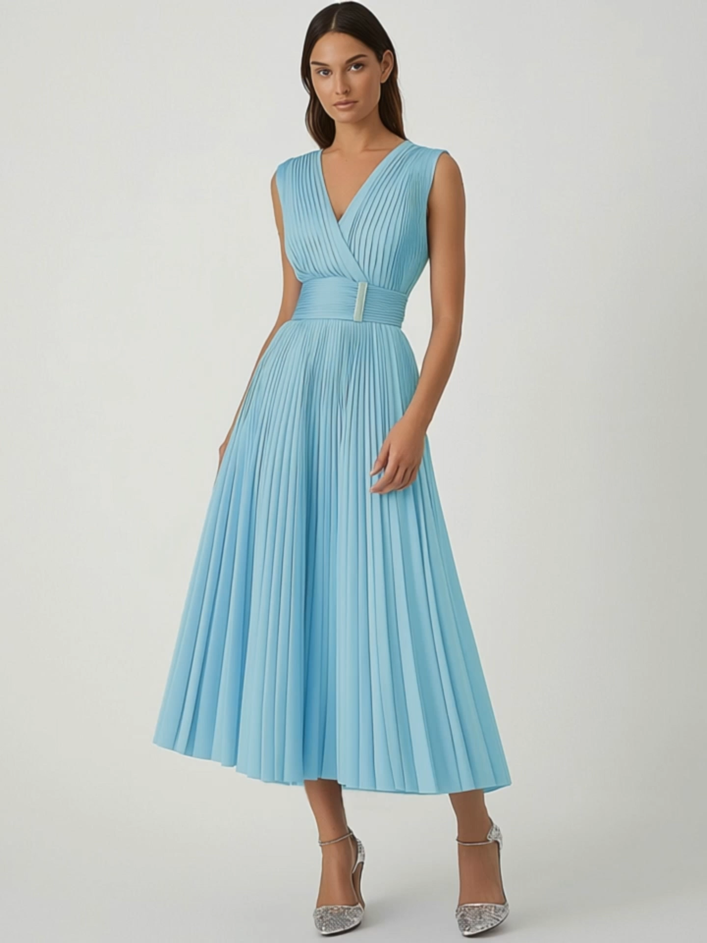 Party Semi Formal Dress Light Blue Sleeveless A-Line Pleated Midi Dress