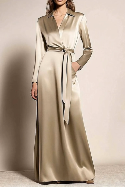 Daily Semi-formal Dress Elegant Satin Shirt V-Neck Long Sleeves Maxi Dress