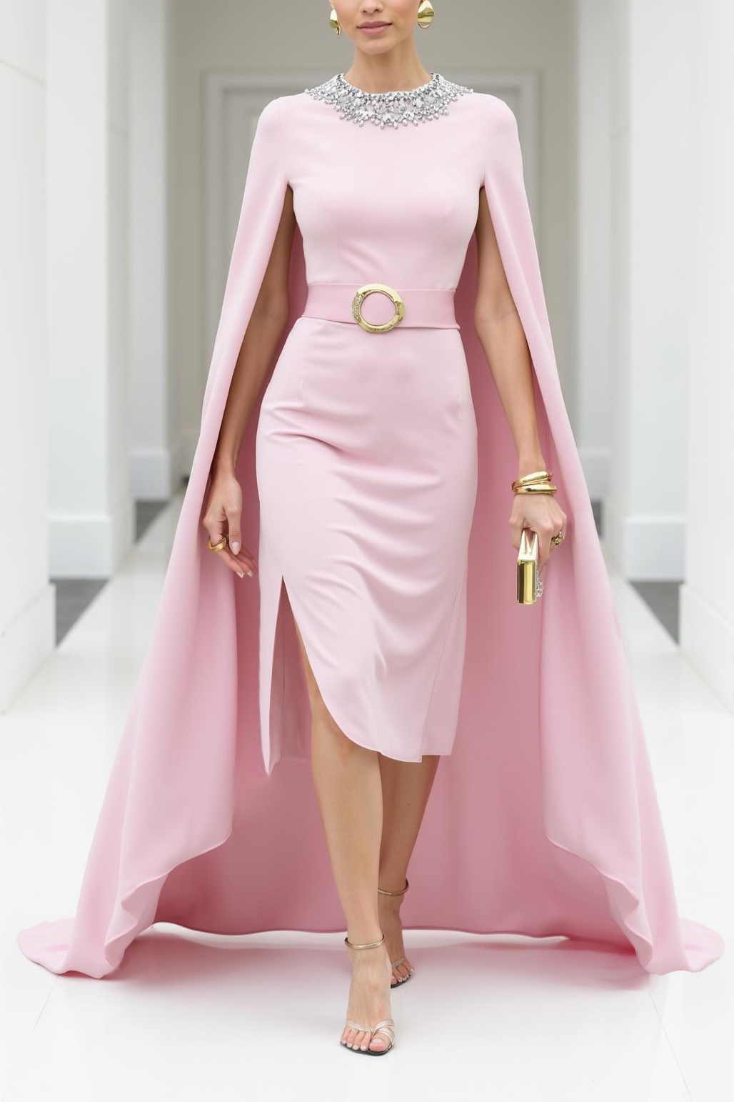 Wedding Guest Dress Pink Crew Neck Belted Cape Knee-Length Dress