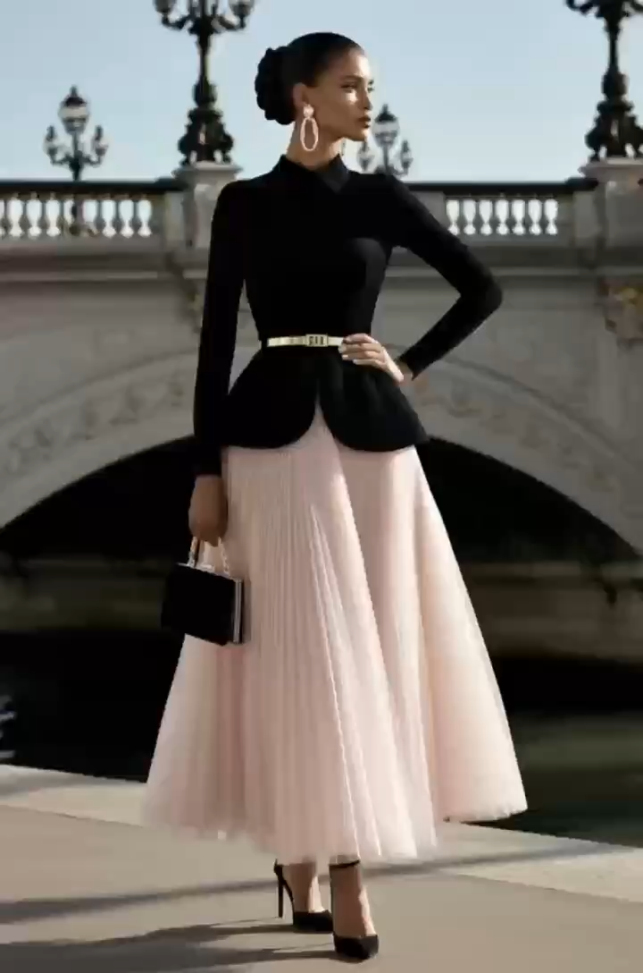 Cocktail Party Skirt Sets Black Long Sleeve Top Pink Pleated Maxi Skirt