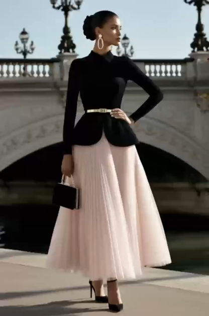 Cocktail Party Skirt Sets Black Long Sleeve Top Pink Pleated Maxi Skirt