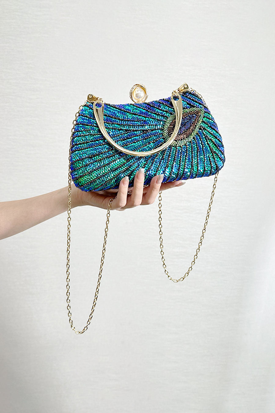 Blue Green Peacock Feather Pattern Beaded Evening Bag