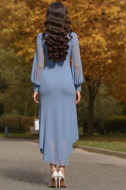 Mother of the Bride Dress Blue V Neck Lace Long Sleeve Midi Dress