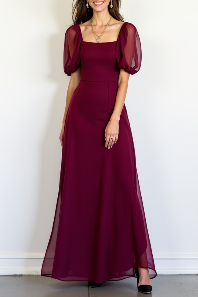 Cocktail​ Party ​Semi Formal Dress​ Mesh Burgundy Square Neck Maxi Dress