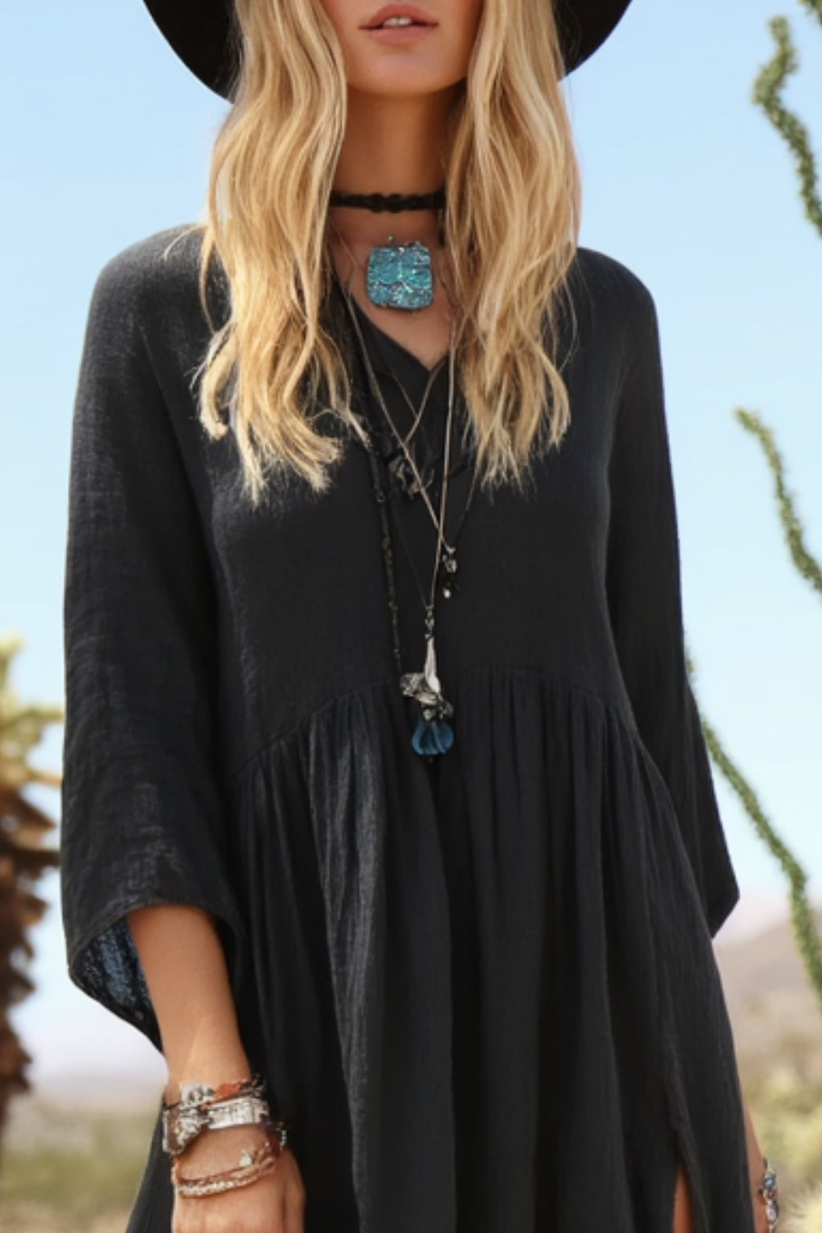 Bohemian Dress Black V Neck Slit Floor-Length Dress