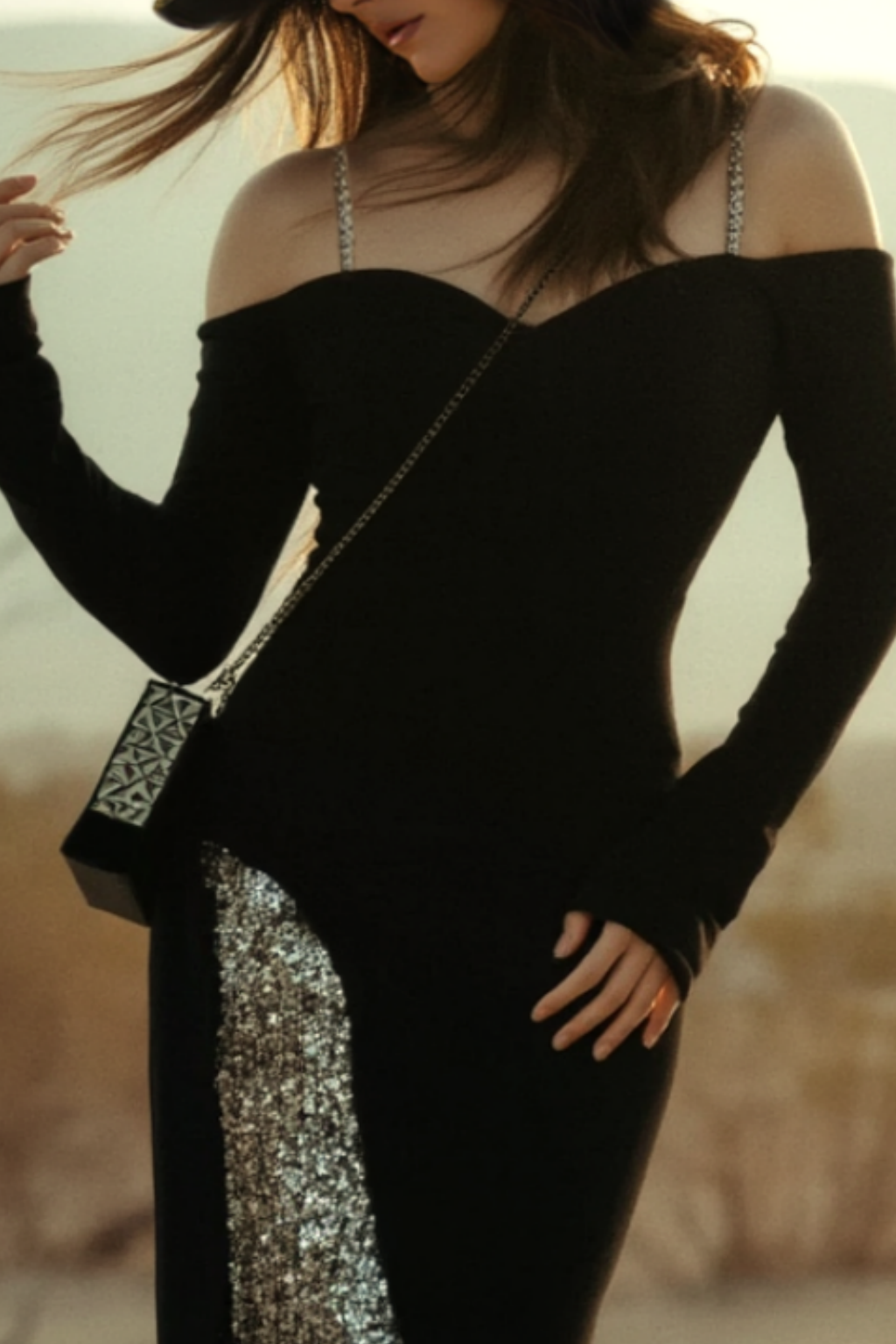​Evening Sequin Dress Black Off Shoulder Floor-Length Dress