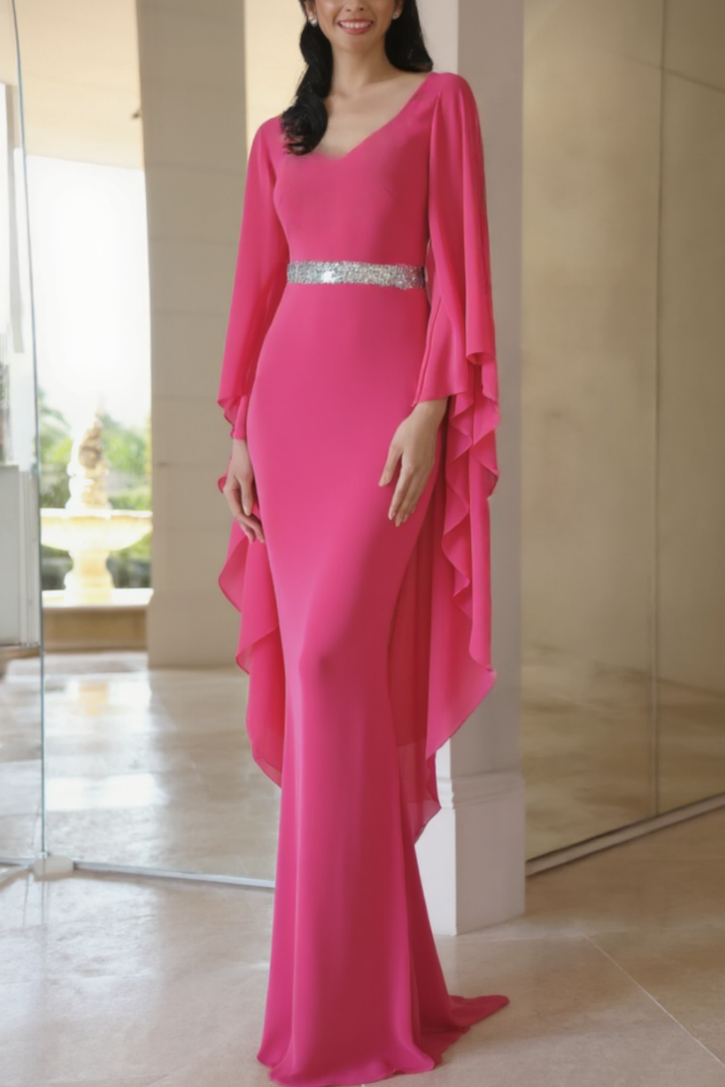 Formal Dress Rose V Neck Belted Ruffle Floor-Length Dress