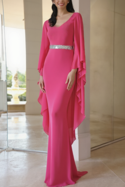 Formal Dress Rose V Neck Belted Ruffle Floor-Length Dress