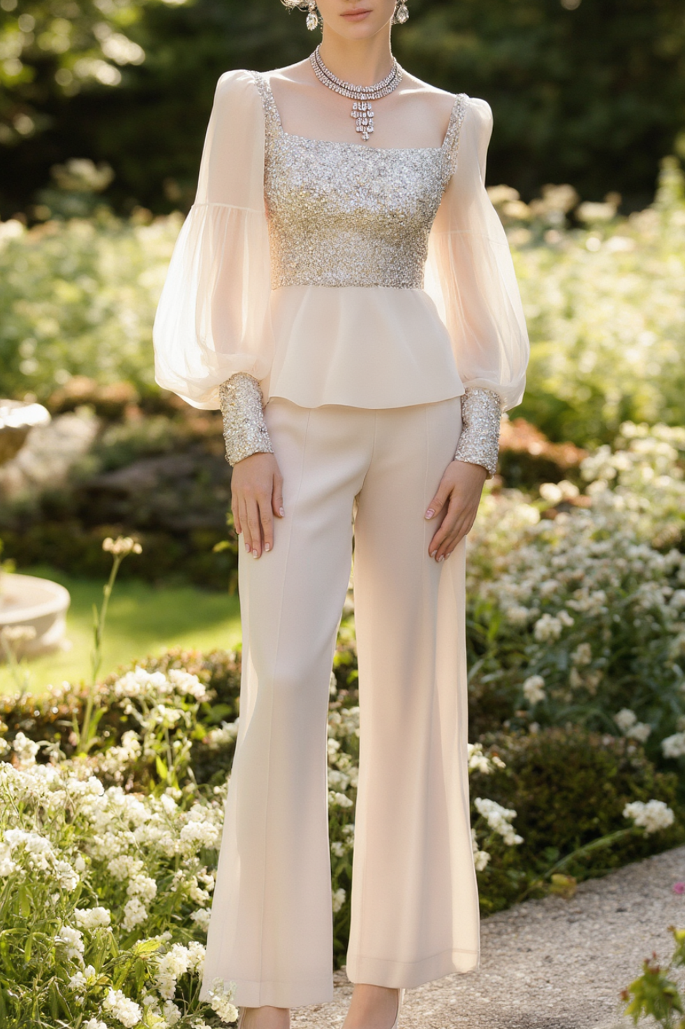 Wedding Guest Outfit Sets Beige Square Neck Sequin Chiffon Wide-Leg