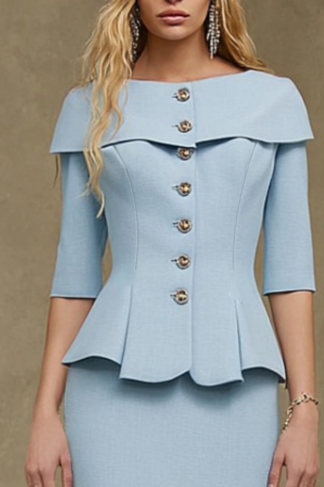 Work Outfit Sets Blue Crew Neck Ruffle Mermaid Skirt Set 