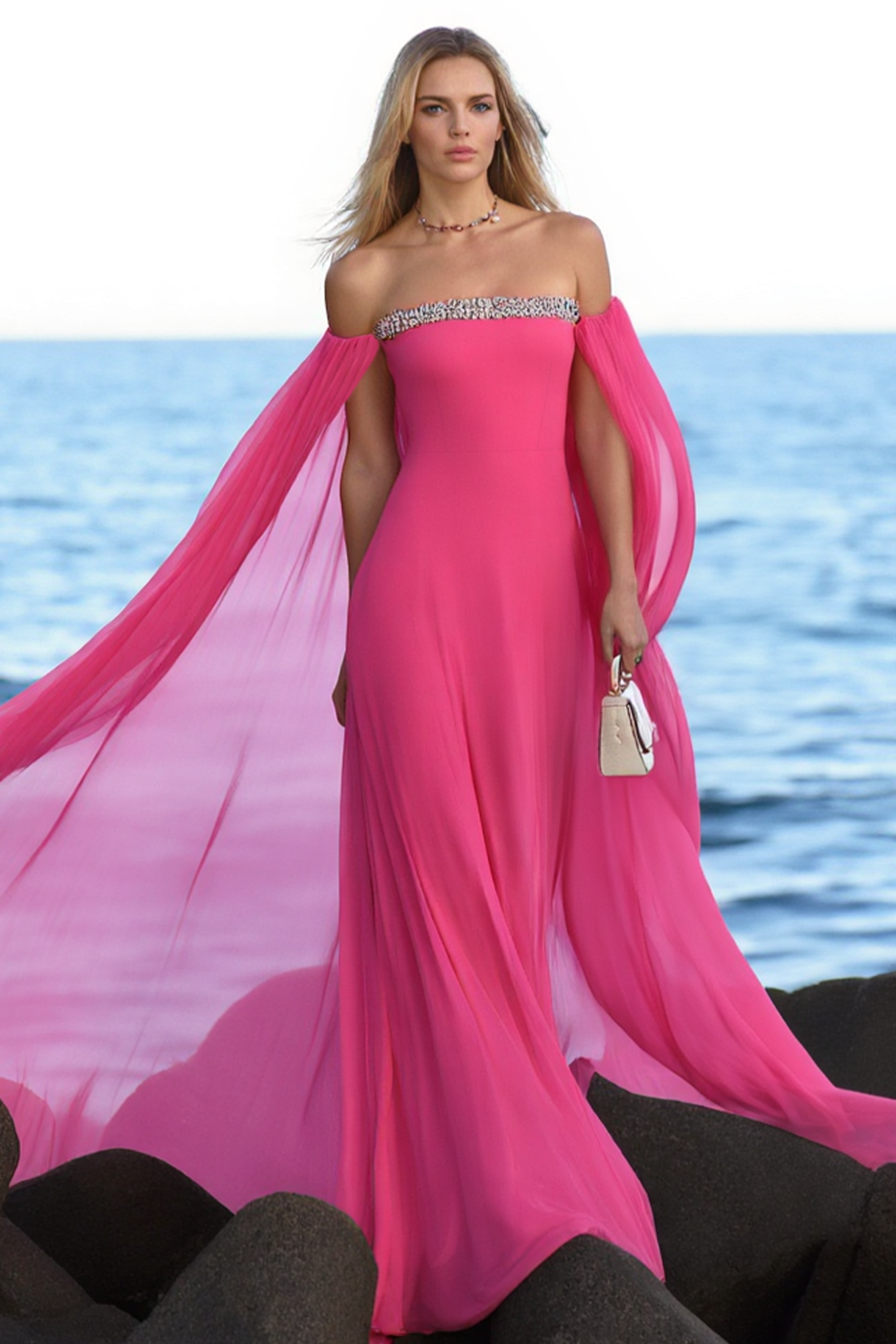 Formal Evening Cape Dress Rose Strapless Mesh Floor-Length Dress