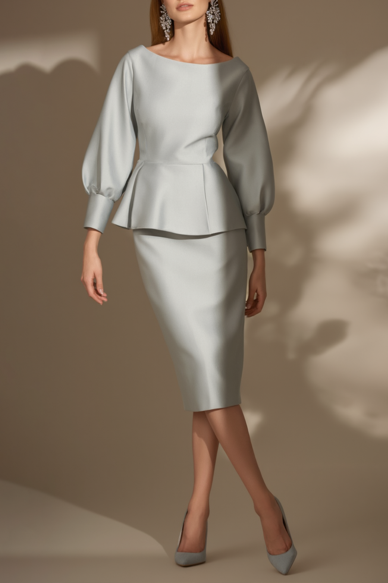 Work Outfit Sets Gray Crew Neck Knee Skirt Dress