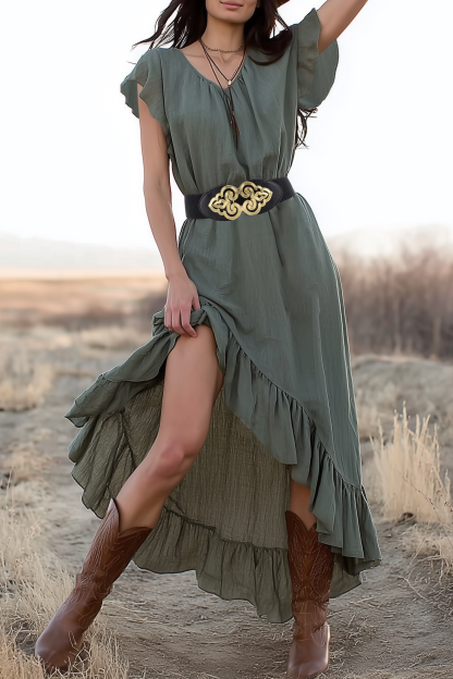 Boho Dress Green V Neck Ruffle Belted Maxi Dress
