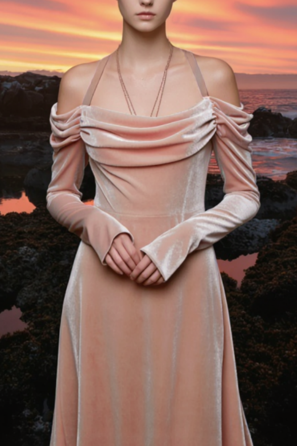 Evening Dress Pink Halter Neck Velvet Maxi Dress