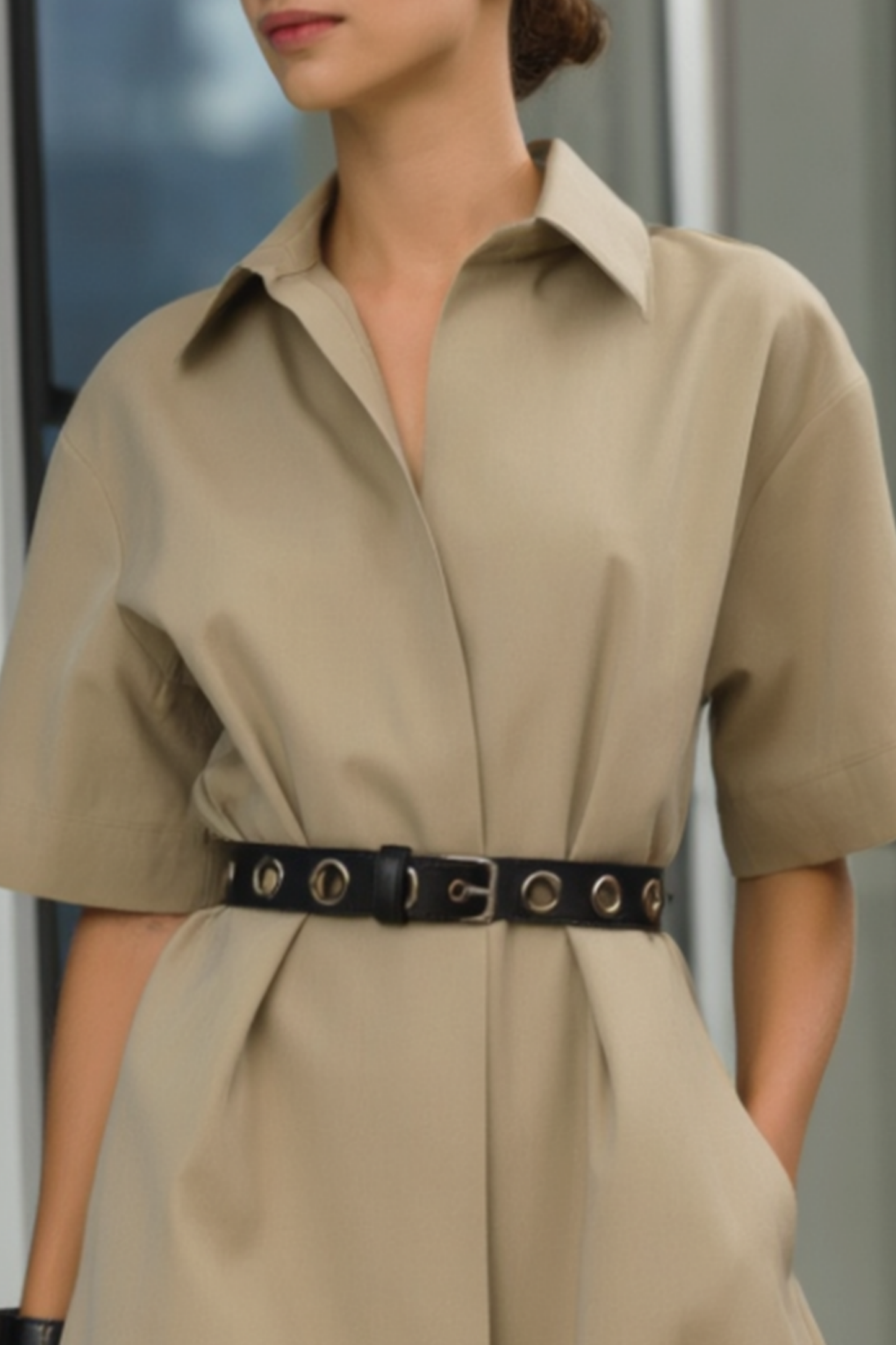 Work Casual Dress​ Khaki Shirt Collar Belted Midi Dress