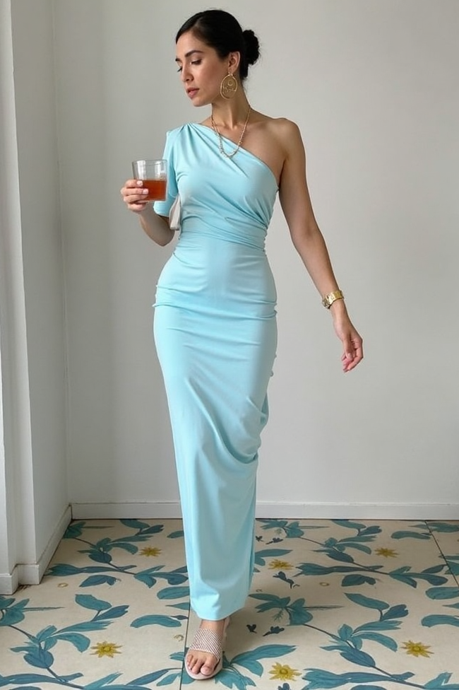 ​Going Out Party Dress​​ Blue One Shoulder Maxi Dress