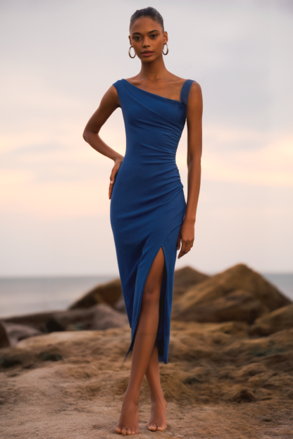 Party ​Going Out Dress​​​ Blue V Neck Sheath Midi Dress