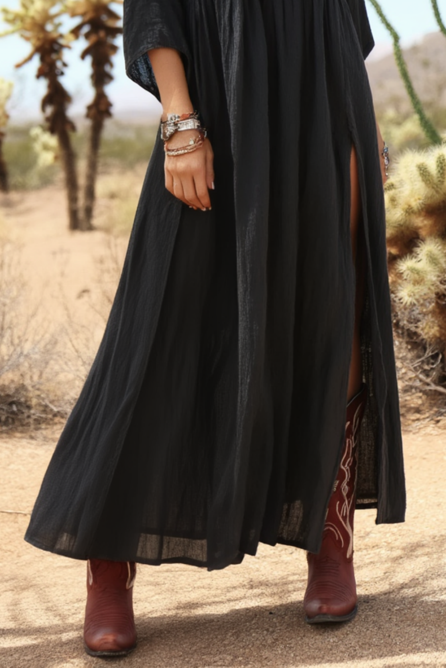 Bohemian Dress Black V Neck Slit Floor-Length Dress