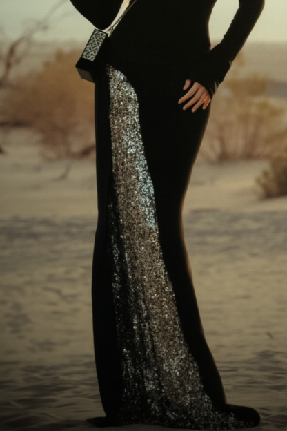 ​Evening Sequin Dress Black Off Shoulder Floor-Length Dress