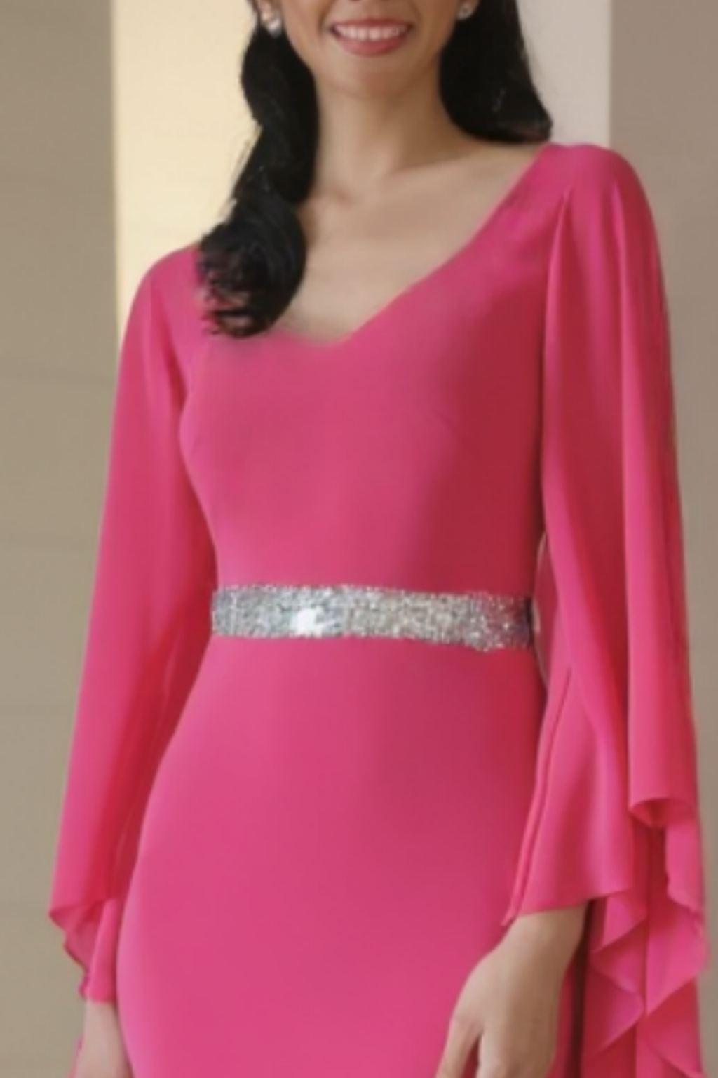 Formal Dress Rose V Neck Belted Ruffle Floor-Length Dress