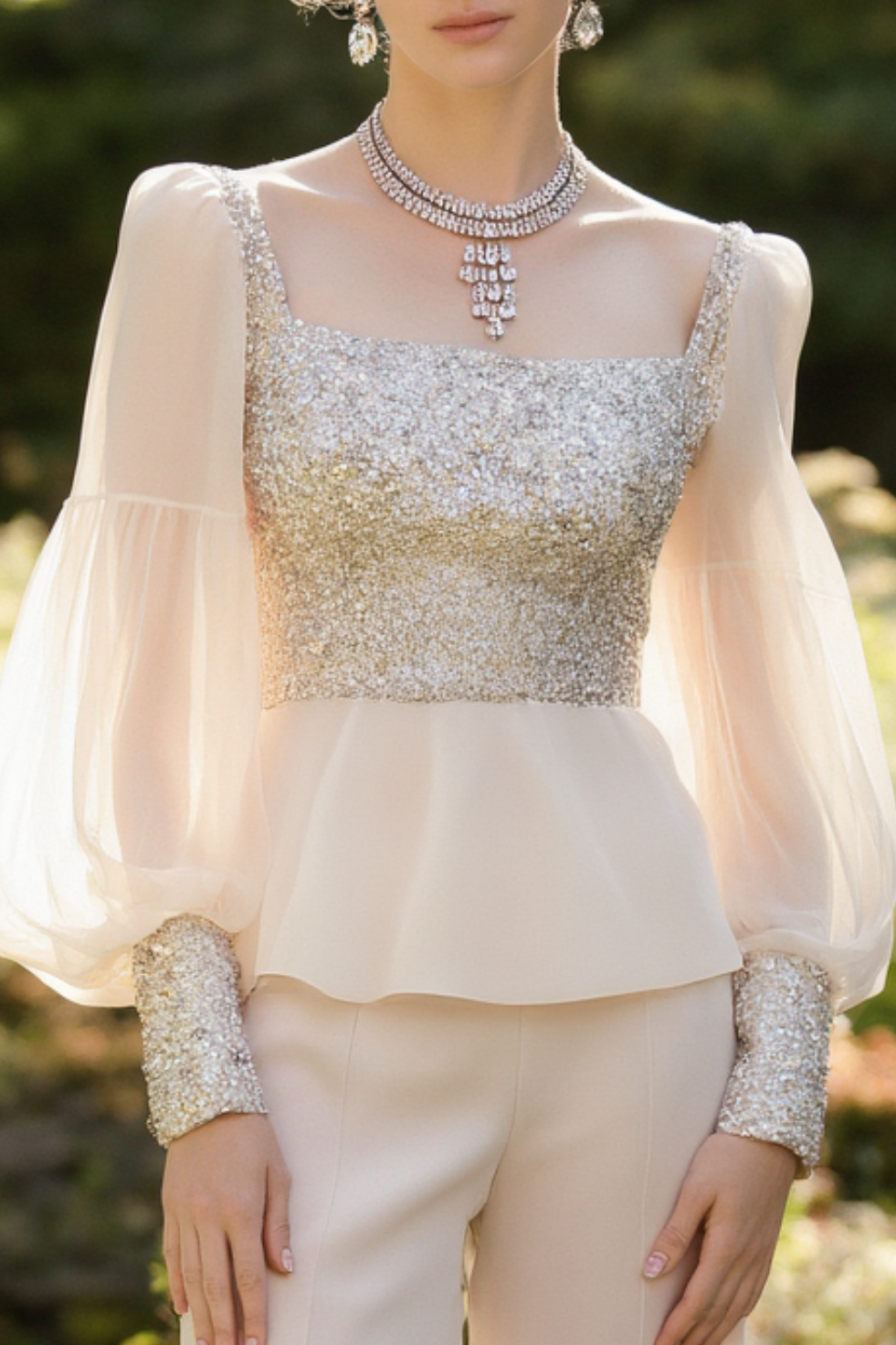 Wedding Guest Outfit Sets Beige Square Neck Sequin Chiffon Wide-Leg
