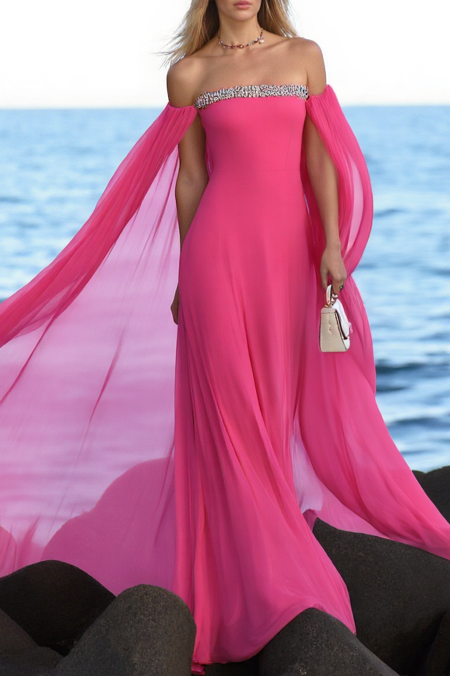 Vacation ​Party​ Cape Dress Rose Strapless Mesh Floor-Length Dress