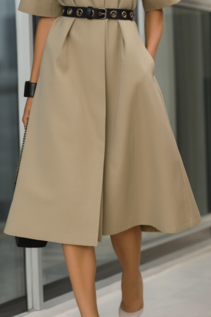 Work Casual Dress​ Khaki Shirt Collar Belted Midi Dress