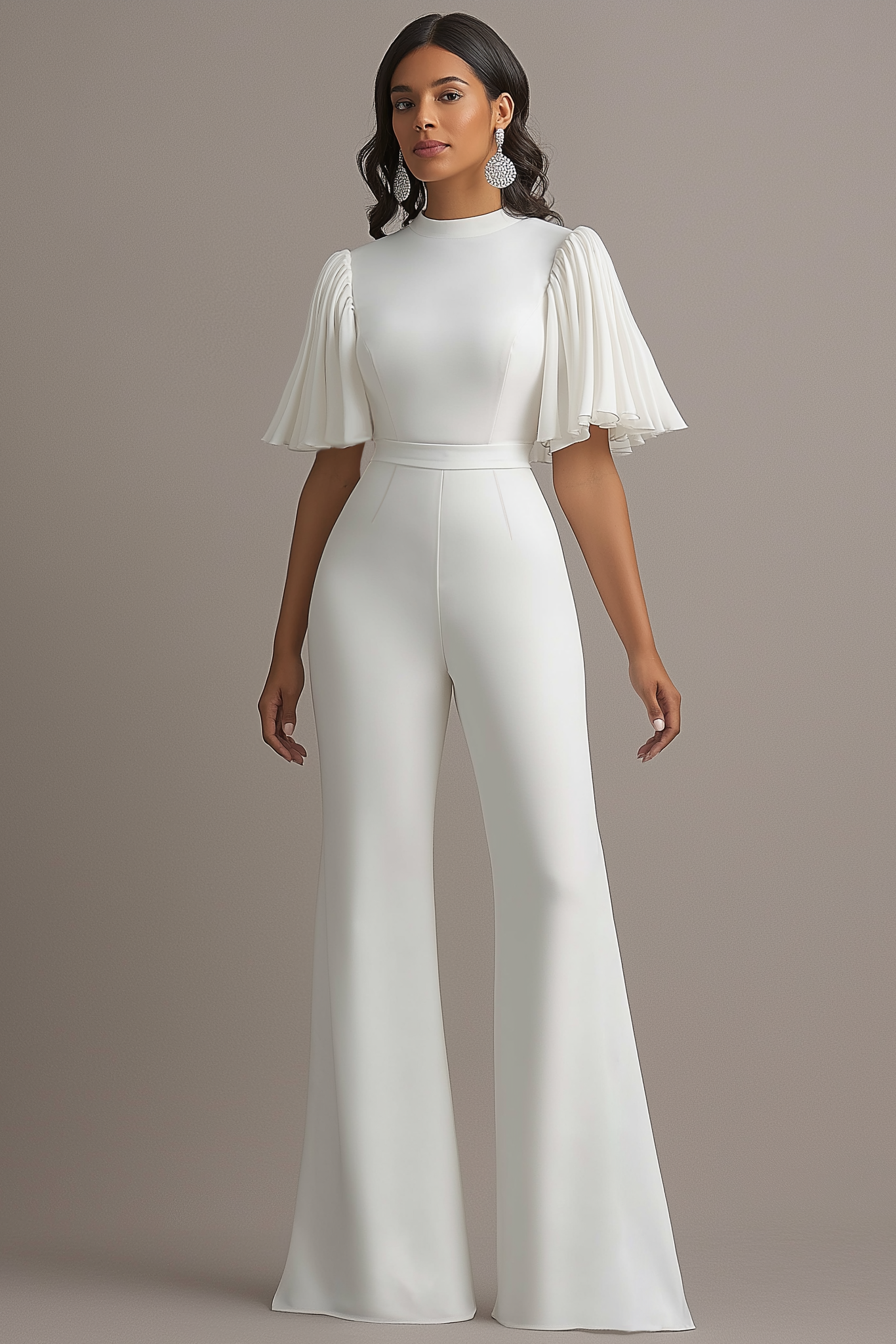 ​Business​ Jumpsuit White Stand Collar Long Sleeve Wide-Leg