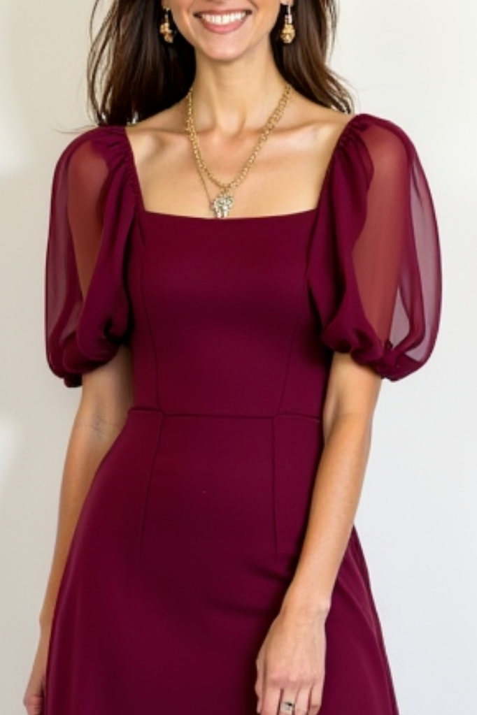 Cocktail​ Party ​Semi Formal Dress​ Mesh Burgundy Square Neck Maxi Dress