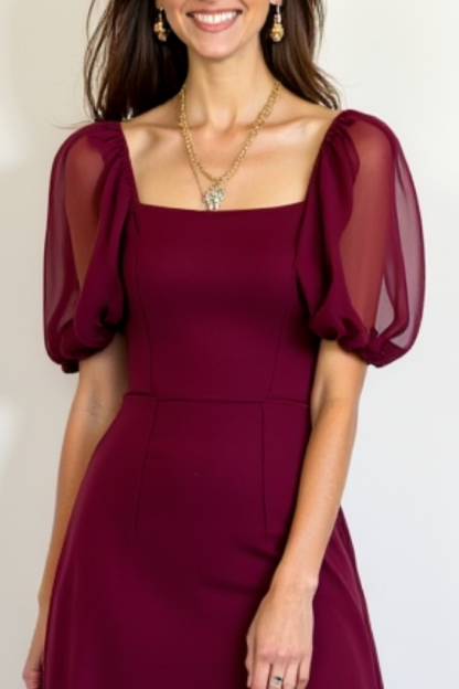 Cocktail​ Party ​Semi Formal Dress​ Mesh Burgundy Square Neck Maxi Dress