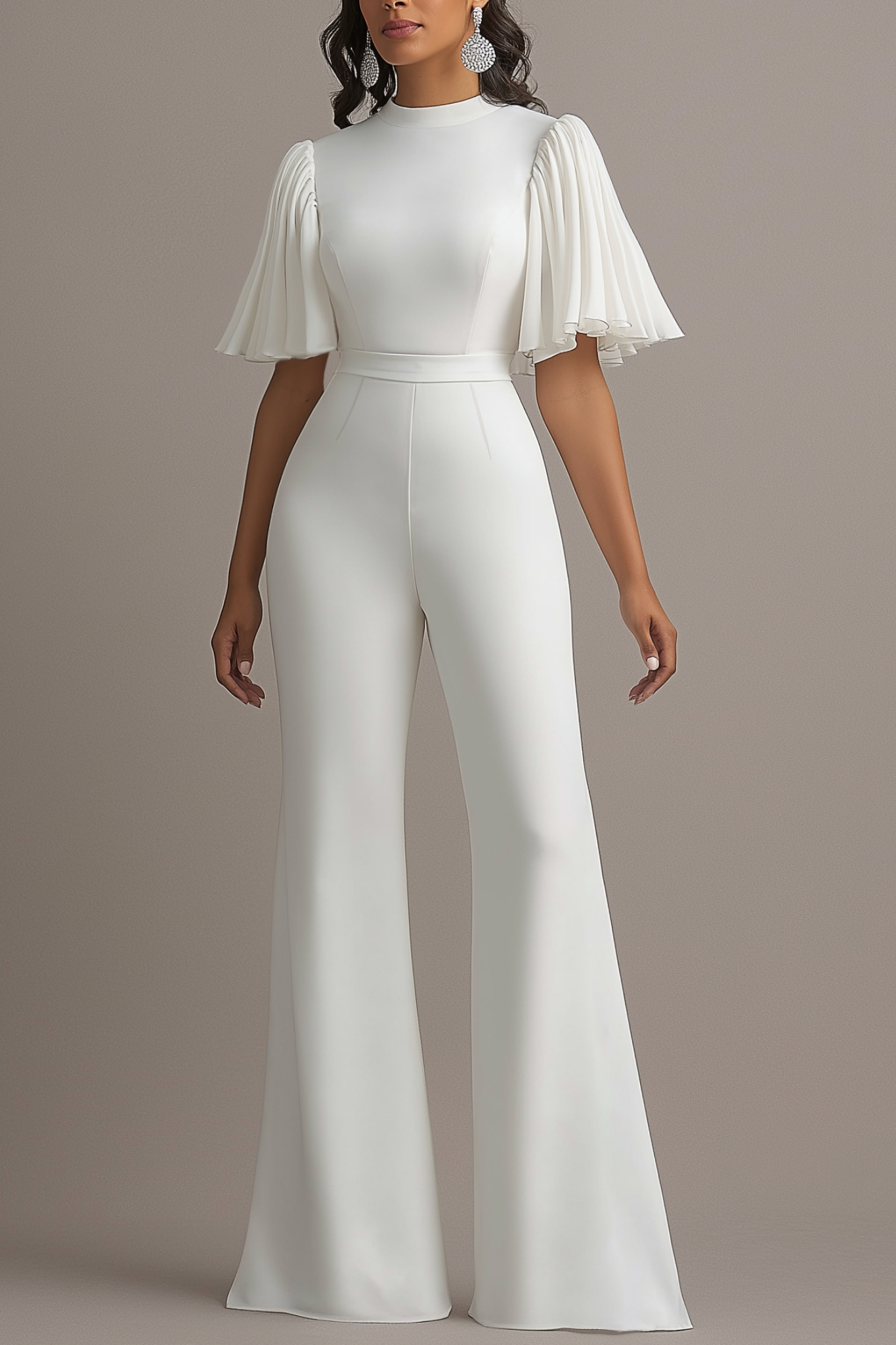 ​Business​ Jumpsuit White Stand Collar Long Sleeve Wide-Leg