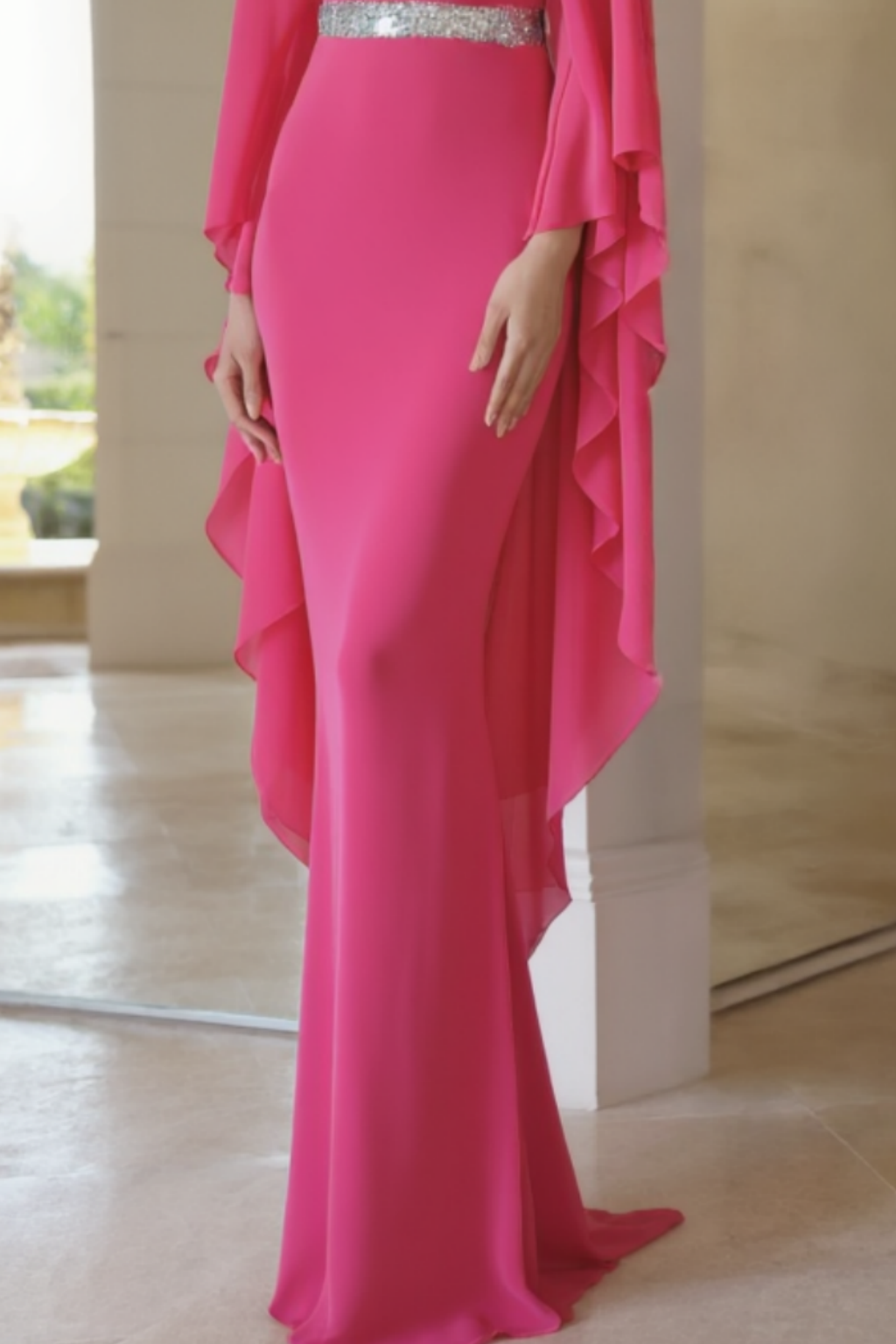 Formal Dress Rose V Neck Belted Ruffle Floor-Length Dress