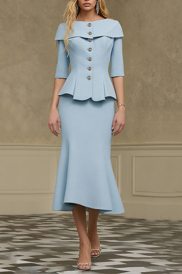 Work Outfit Sets Blue Crew Neck Ruffle Mermaid Skirt Set 