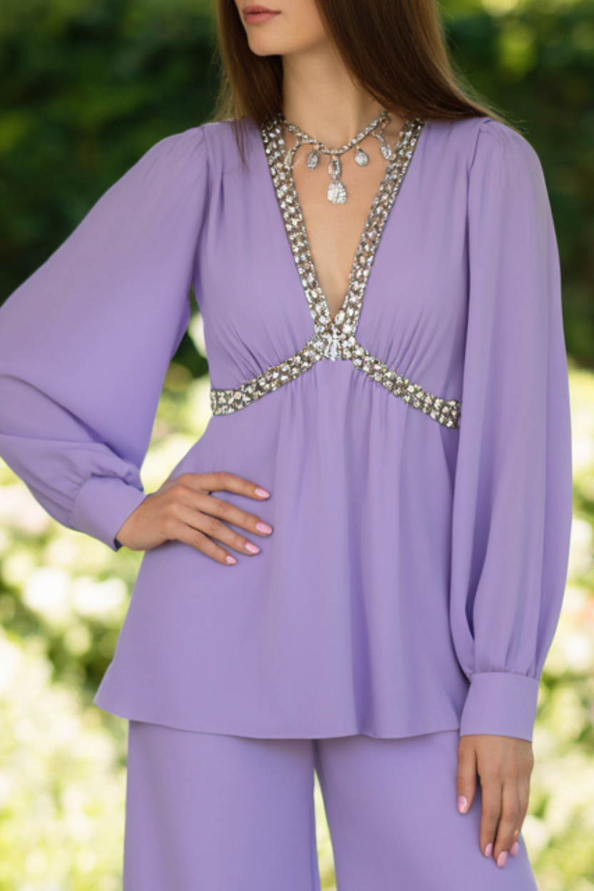 Casual Outfit Sets Purple V Neck Wide-Leg Pants Set
