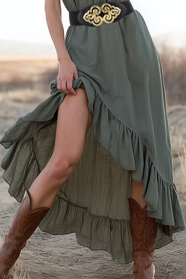 Boho Dress Green V Neck Ruffle Belted Maxi Dress