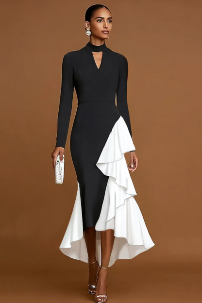 Formal Evening Dress Black White Stand Collar Ruffle Maxi Dress