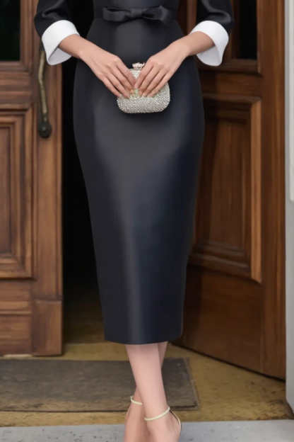 Formal ​Wedding Guest Dress Black White V Neck Colorblock Midi Dress