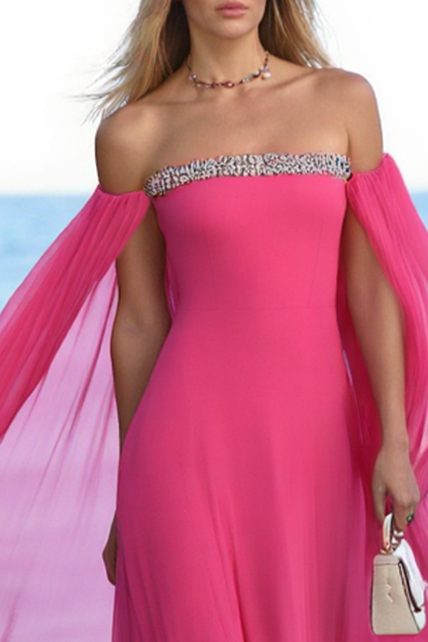 Vacation ​Party​ Cape Dress Rose Strapless Mesh Floor-Length Dress