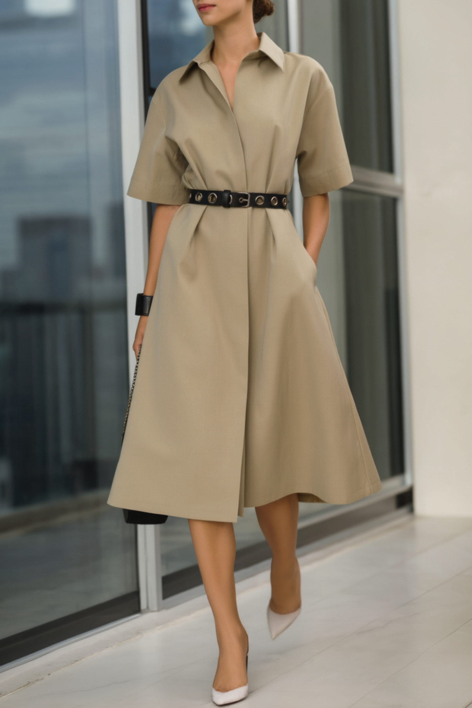 Work Casual Dress Khaki Shirt Collar Belted Midi Dress