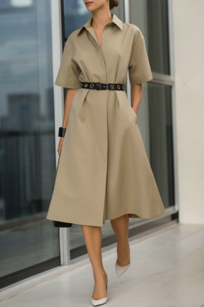 Work Casual Dress​ Khaki Shirt Collar Belted Midi Dress