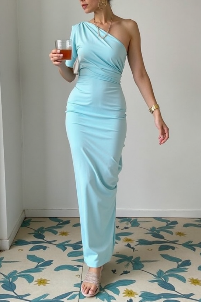 ​Going Out Party Dress​​ Blue One Shoulder Maxi Dress