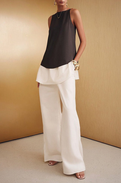 Casual Outfit Sets Black White Crew Neck Ruffle Pants Set