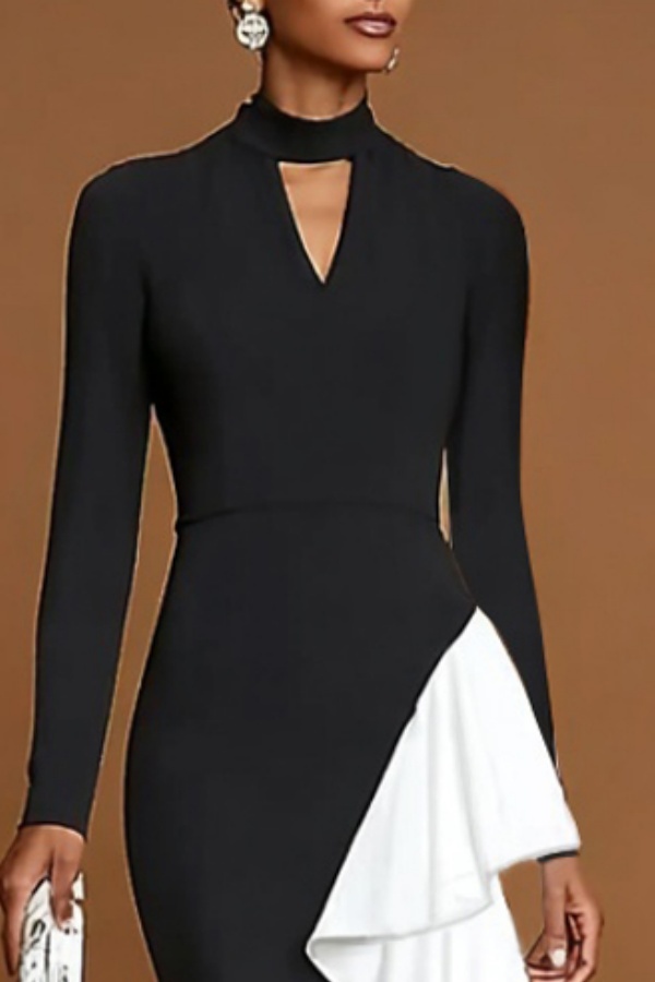 Formal Evening Dress Black White Stand Collar Ruffle Maxi Dress