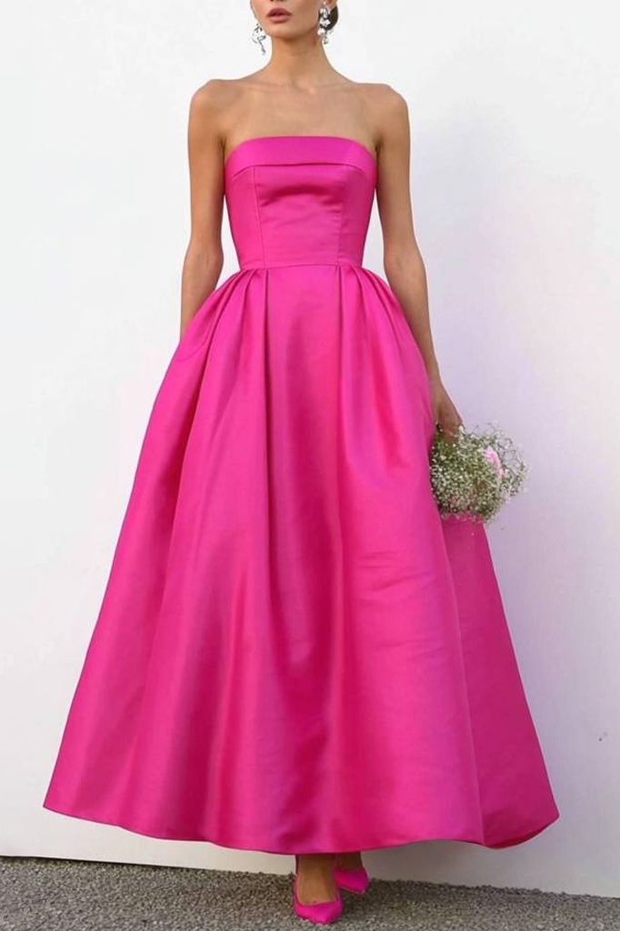 Formal ​Evening Dress Neon Pink Strapless Maxi Dress