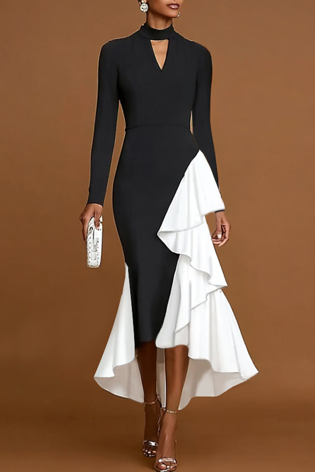 Formal Evening Dress Black White Stand Collar Ruffle Maxi Dress