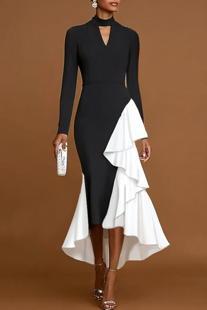 Formal Evening Dress Black White Stand Collar Ruffle Maxi Dress