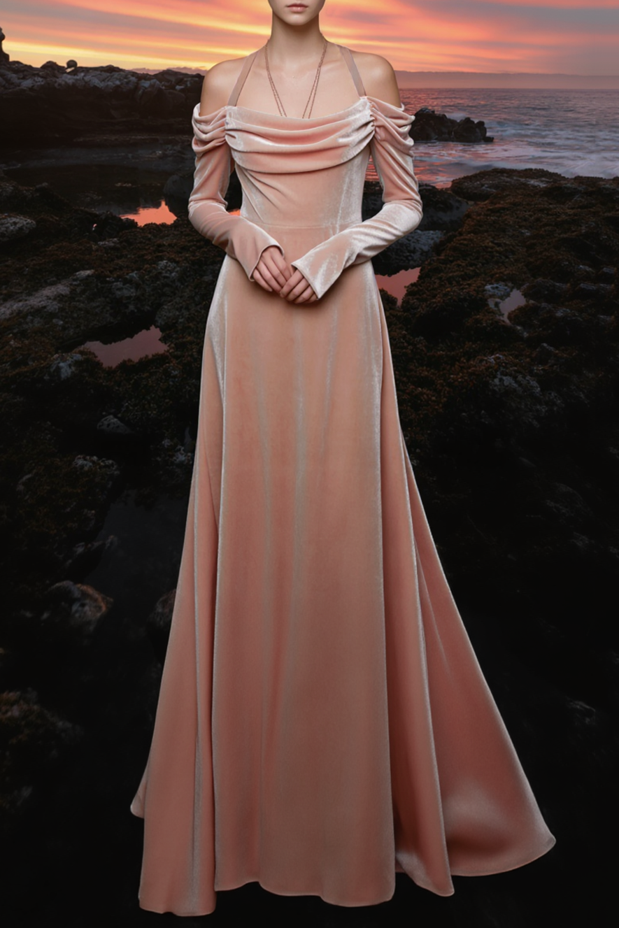 Evening Dress Pink Halter Neck Velvet Maxi Dress