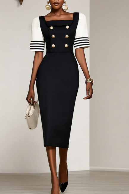 Work Dress Navy Square Neck Colorblock Midi Dress
