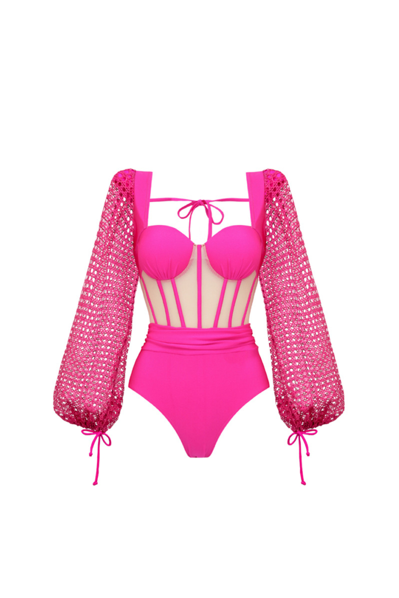 Hollow-Out Long-Sleeved Herringbone One-Piece Swimsuit and Cover-Up